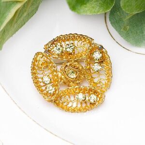 Vintage 1950s Austrian Filigree Brooch Gold Rosette Green Rhinestone Austria Pin
